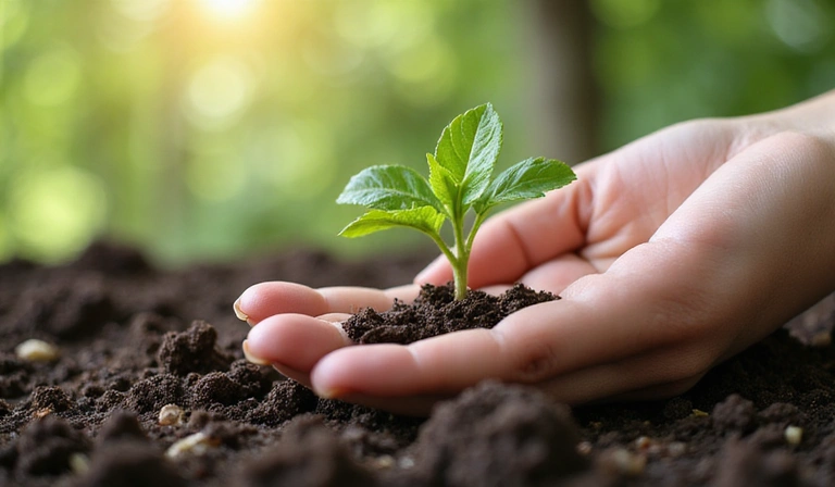 A hand holding a small plant sprout with roots, symbolizing growth and natural origins.