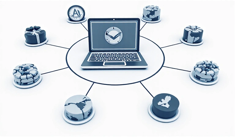 Abstract representation of third-party cookies, with several interconnected circles and lines extending from a central website icon, symbolizing data sharing and external services.