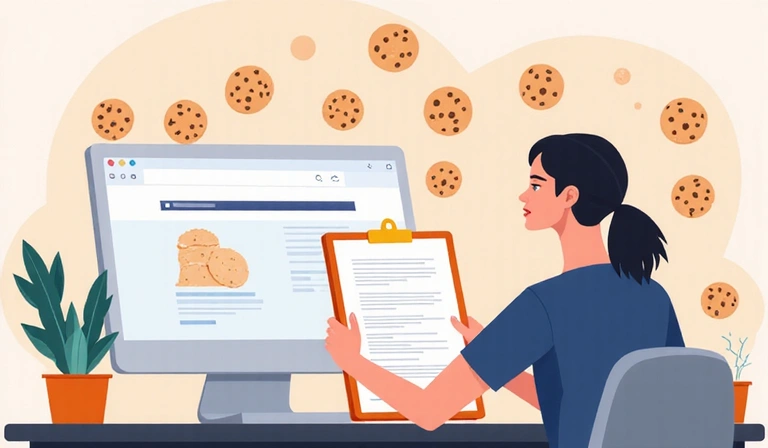 Illustration of a person interacting with a website, with cookie icons floating around, representing data collection and personalization.