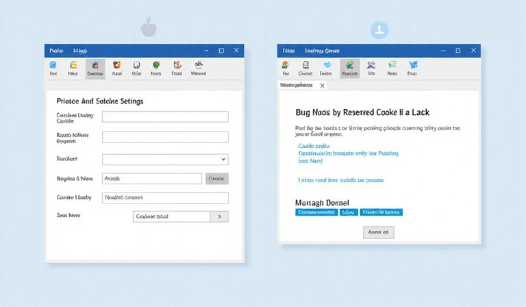 Illustration of a browser settings screen with cookie management options highlighted, alongside a website's cookie consent banner.