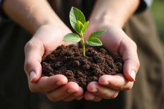 Hands holding a sprouting plant, symbolizing growth and nature
