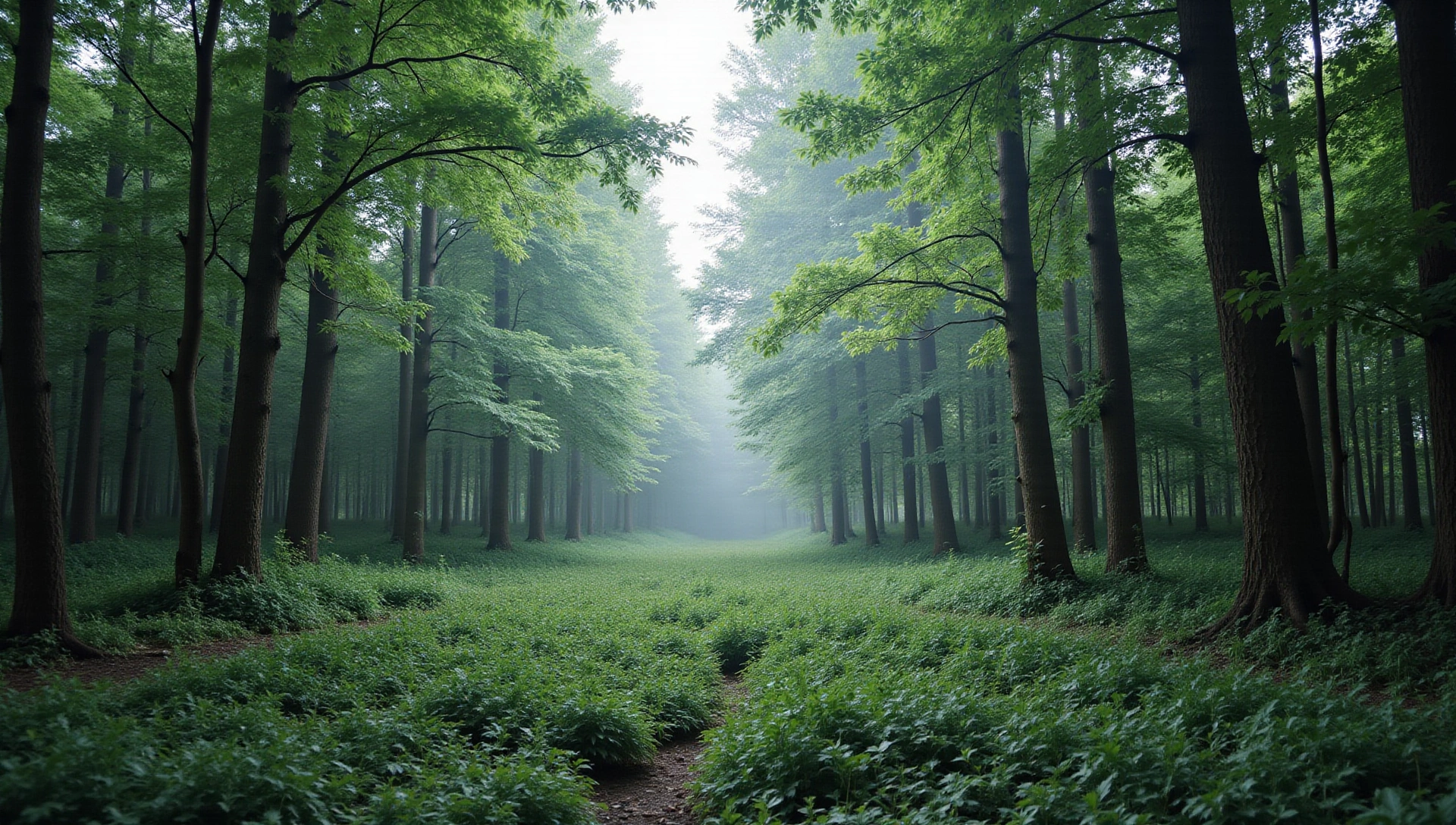 Lush green forest with morning mist