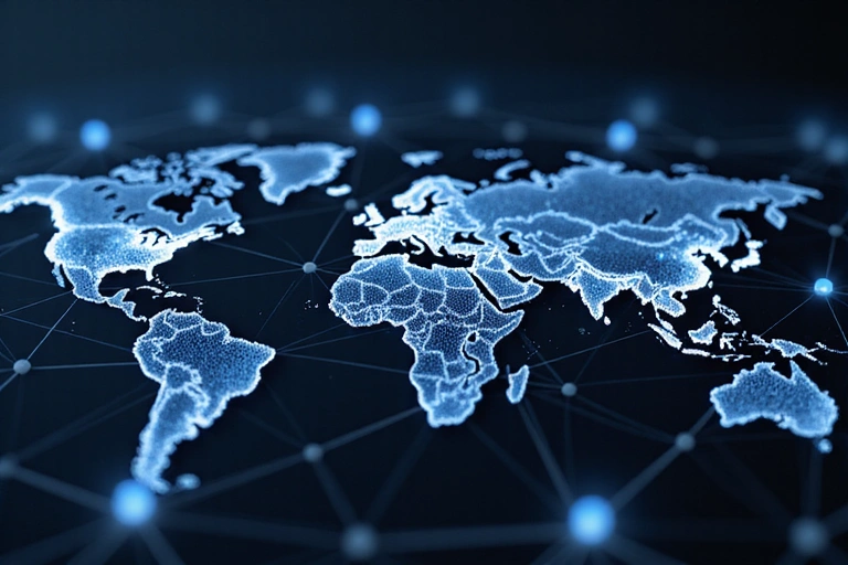 Image showing interconnected global network nodes, symbolizing secure data sharing.