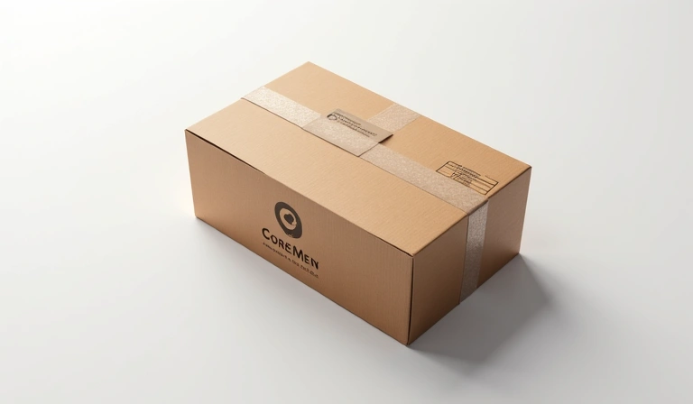 A neatly packaged CoreMen product box ready for shipping, with a shipping label visible
