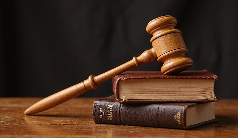 A gavel and legal books on a wooden desk, symbolizing law and justice