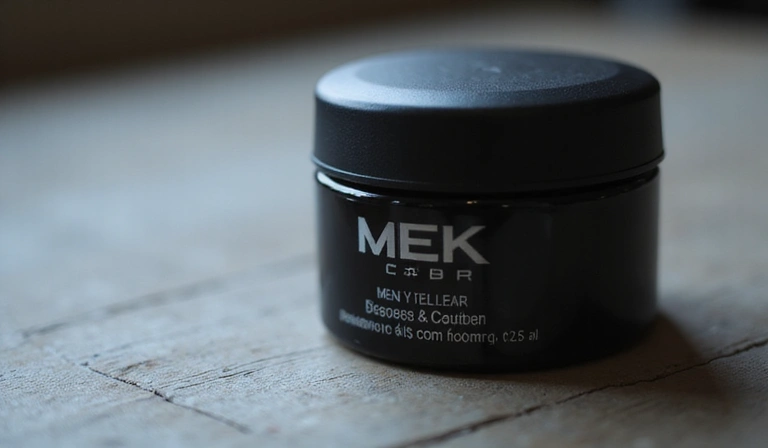 Close-up of a high-quality men's grooming product, perhaps a serum or cream, with minimalist packaging